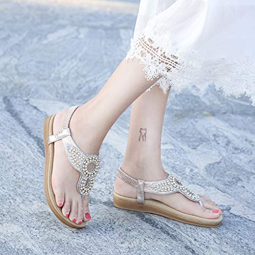 DressLksnf Sandalias Planas Verano Mujer Estilo Bohemia Zapatos de Dedo Sandalias Talla Grande Cinta Elástica Sandalias Casuales de Playa Chanclas Romanas
