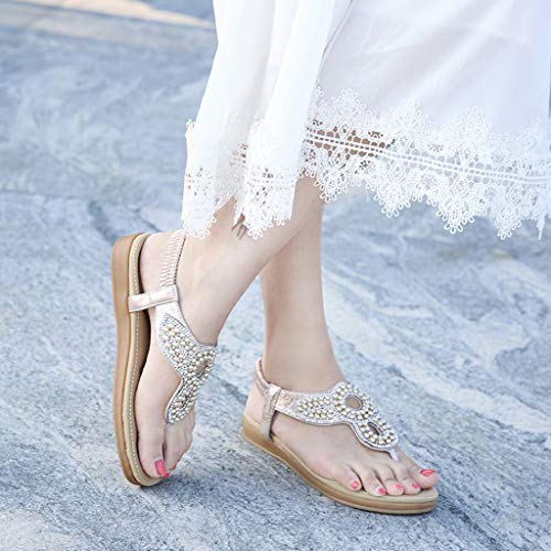 DressLksnf Sandalias Planas Verano Mujer Estilo Bohemia Zapatos de Dedo Sandalias Talla Grande Cinta Elástica Sandalias Casuales de Playa Chanclas Romanas