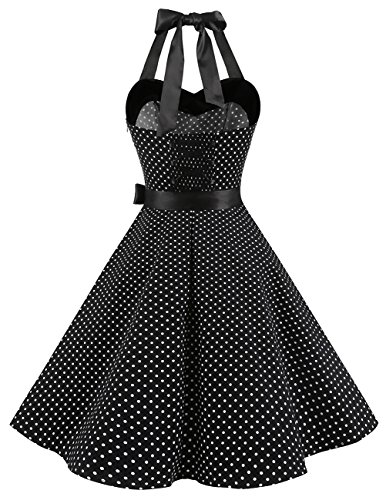 Dresstells® Halter 50s Rockabilly Polka Dots Audrey Dress Retro Cocktail Dress Black Small White Dot 2XL