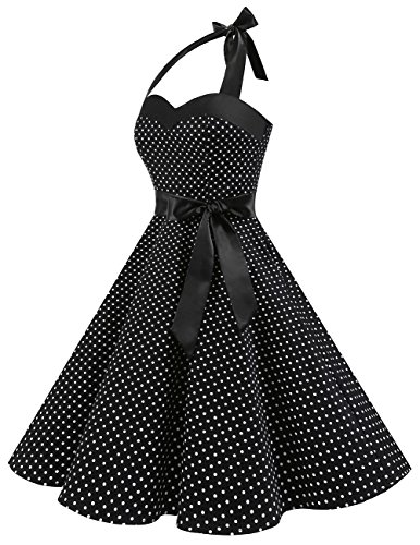 Dresstells® Halter 50s Rockabilly Polka Dots Audrey Dress Retro Cocktail Dress Black Small White Dot 2XL