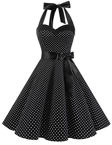 Dresstells® Halter 50s Rockabilly Polka Dots Audrey Dress Retro Cocktail Dress Black Small White Dot 2XL