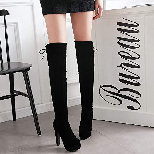 DunaCuna Mujer Moda Sobre La Rodilla Botas Alto Tacón Ancho Cremallera Muslo Botas Plataforma Fiesta Botas Wide Open Mini Size Black Size 39 Asiática