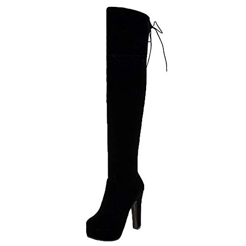 DunaCuna Mujer Moda Sobre La Rodilla Botas Alto Tacón Ancho Cremallera Muslo Botas Plataforma Fiesta Botas Wide Open Mini Size Black Size 39 Asiática