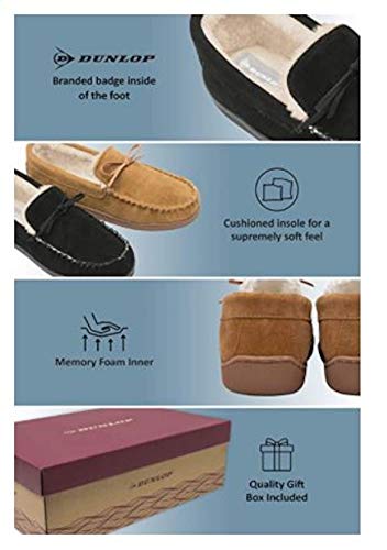 Dunlop - Pantuflas de piel de oveja auténtica para hombre, con forro polar, espuma viscoelástica, suela de goma, para casa o dormitorio, color Marrón, talla 45 EU
