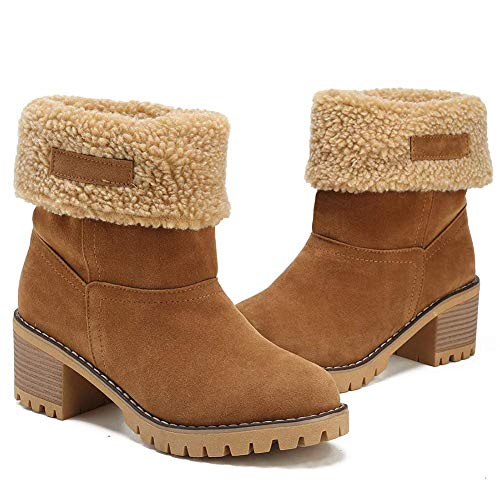 ECOSWAY Mujer Botas de Invierno Cálido Ante Tacón Grueso Exterior Media Caña Botines - Camello, 37