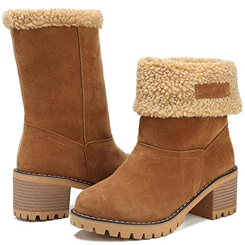 ECOSWAY Mujer Botas de Invierno Cálido Ante Tacón Grueso Exterior Media Caña Botines - Camello, 37