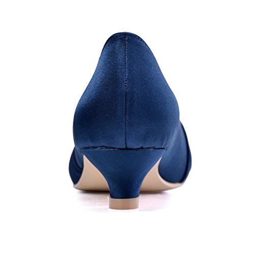 ElegantPark EP2006L Zapatos de Novia Tacón Bajo Mujeres Cerrado Kitten Toe Rhinestones Satén Zapatos para Novia Boda Azul Marino 43