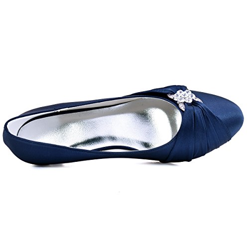 ElegantPark EP2006L Zapatos de Novia Tacón Bajo Mujeres Cerrado Kitten Toe Rhinestones Satén Zapatos para Novia Boda Azul Marino 43