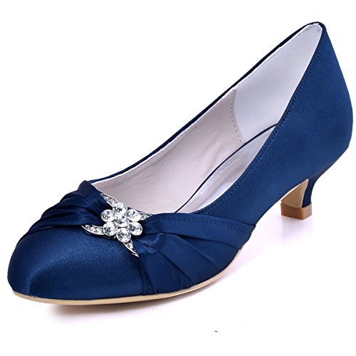 ElegantPark EP2006L Zapatos de Novia Tacón Bajo Mujeres Cerrado Kitten Toe Rhinestones Satén Zapatos para Novia Boda Azul Marino 43