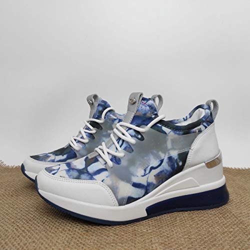 Encarni Zapatería - Zapatillas Plataforma Mujer Camuflaje Colores Primavera Verano | Bambas Altas con Cuña para Vestir (Azul, 37)