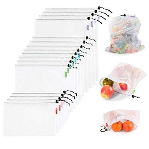 Eono by Amazon - Bolsas Compra Reutilizables Ecológicas Bolsa de Malla para Almacenamiento Fruta Verduras Juguetes Lavable y Transpirable 3 Diversos Tamaños, 16 Pcs (4L+8M+4S)