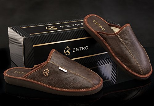 ESTRO Zapatillas De Casa Hombre Invierno Piel De Carnero Pantuflas Casa Hombre Lana Suela De Memoria Rust (Marrón, 43)