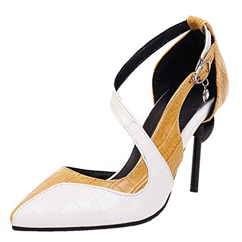 EveKitty Mujer Moda Tacón Alto Bomba Puntiagudo Fiesta Zapatos Tacón de Aguja Zapatos de la Corte Correa de Hebilla Yellow Talla 41 Asiática