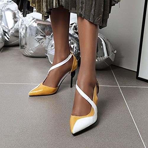EveKitty Mujer Moda Tacón Alto Bomba Puntiagudo Fiesta Zapatos Tacón de Aguja Zapatos de la Corte Correa de Hebilla Yellow Talla 41 Asiática