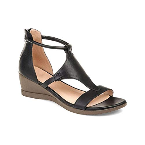 EVR Sandalias de Cuña para Mujer Verano 2020, Roma Sandalias de Punta Descubierta Zapatillas de Plataformas Cuero Cómodo Zapato de Playa Moda Mules,Negro,39