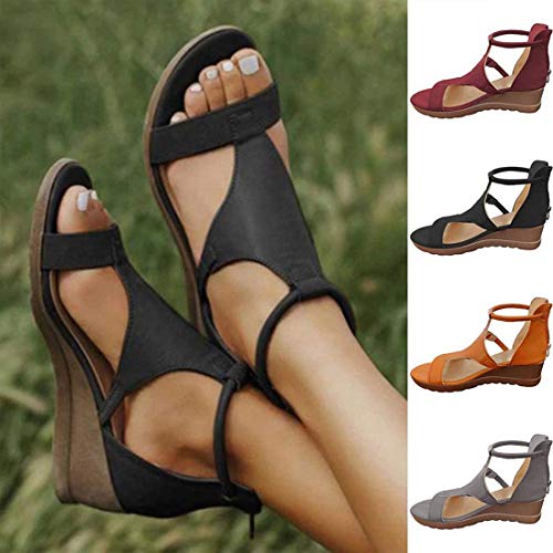 EVR Sandalias de Cuña para Mujer Verano 2020, Roma Sandalias de Punta Descubierta Zapatillas de Plataformas Cuero Cómodo Zapato de Playa Moda Mules,Negro,39