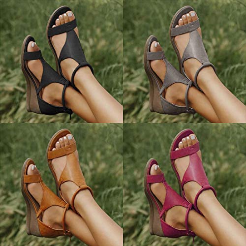 EVR Sandalias de Cuña para Mujer Verano 2020, Roma Sandalias de Punta Descubierta Zapatillas de Plataformas Cuero Cómodo Zapato de Playa Moda Mules,Negro,39