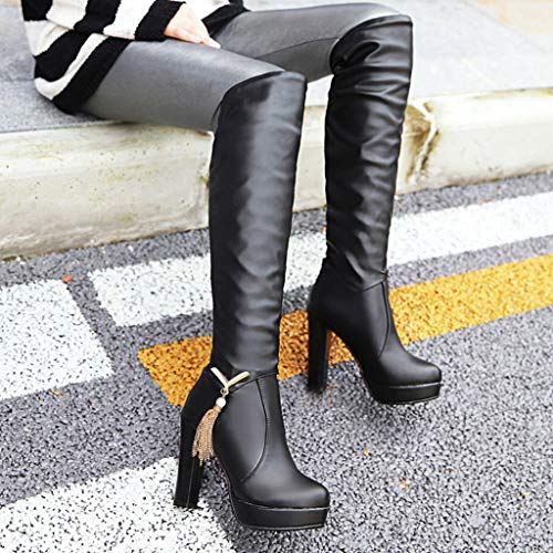 FAMILIZO Botas De Mujer Largas con Tacon Botas Sin Cordones De Punta Redonda Color Puro Liso Tacones Cuadrados Botas De Mujer Vintage Botas Mujer Elegantes Fiesta Snow Botas Mujer Invierno