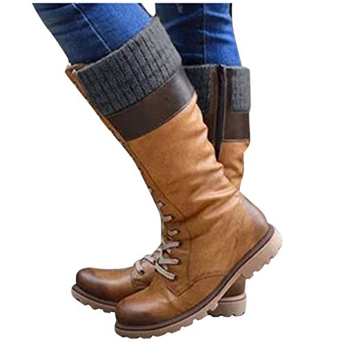FAMILIZO Botas De Mujer Largas con Tacon Casual De Mujer con Cordones Colores Mixtos Tacones Planos Botas Altas De Tallas Grandes Zapatos Botas Mujer Elegantes Fiesta