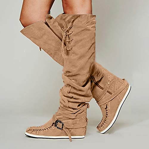 FAMILIZO Botas De Mujer Largas con Tacon Pisos De para Mujer Flock Zapatos De Cordones con Punta Redonda Botas con Cremallera sobre La Rodilla Botas Mujer Elegantes Fiesta