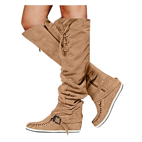 FAMILIZO Botas De Mujer Largas con Tacon Pisos De para Mujer Flock Zapatos De Cordones con Punta Redonda Botas con Cremallera sobre La Rodilla Botas Mujer Elegantes Fiesta