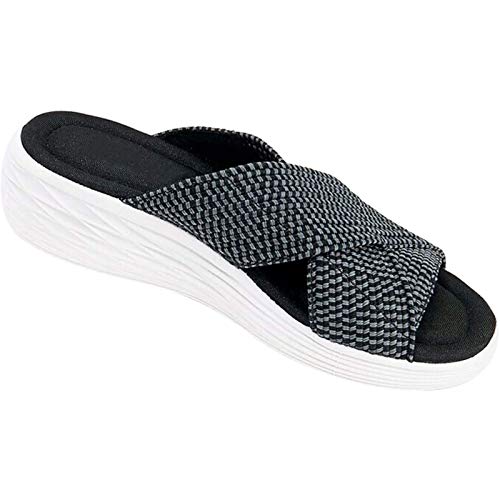 FASZFSAF Sandalias Deslizamiento Ortopédicas Cruzadas Elásticas, Pantuflas Plataforma, Sandalias Playa Informales Cómodas y Apoyo, Adecuadas para Damas Chanclas Antideslizantes,Negro,38