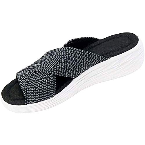 FASZFSAF Sandalias Deslizamiento Ortopédicas Cruzadas Elásticas, Pantuflas Plataforma, Sandalias Playa Informales Cómodas y Apoyo, Adecuadas para Damas Chanclas Antideslizantes,Negro,38