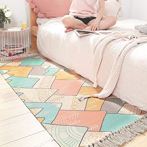 Faus Koco De Algodón De Estilo Japonés Alfombras Tejidas A Mano Cabecera del Sitio De Ambiente En El Hogar Dormitorio Esteras Antideslizantes Borla Larga (60 * 150 Cm)