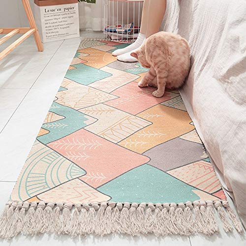 Faus Koco De Algodón De Estilo Japonés Alfombras Tejidas A Mano Cabecera del Sitio De Ambiente En El Hogar Dormitorio Esteras Antideslizantes Borla Larga (60 * 150 Cm)