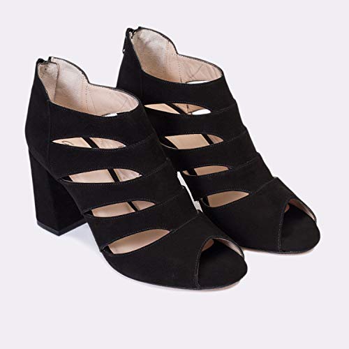 Fiona - Sandalias Abotinadas de Vestir para Mujer Hechas en Piel - Tacon Ancho 8 cm - Cierre Hebilla Talon - Punta Abierta y Talon Cerrado - Negro/Talla 38