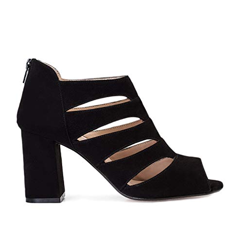Fiona - Sandalias Abotinadas de Vestir para Mujer Hechas en Piel - Tacon Ancho 8 cm - Cierre Hebilla Talon - Punta Abierta y Talon Cerrado - Negro/Talla 38