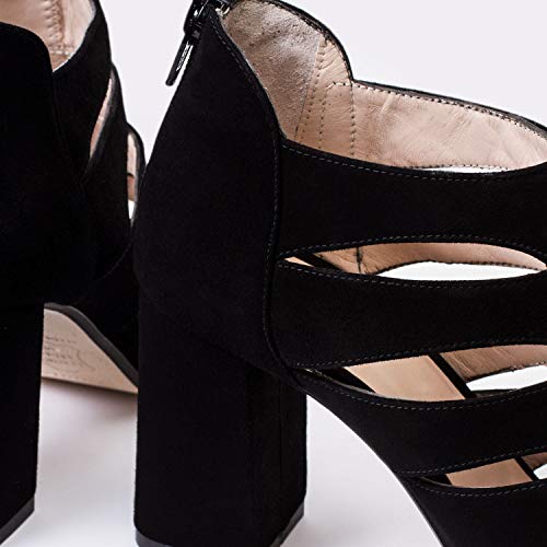 Fiona - Sandalias Abotinadas de Vestir para Mujer Hechas en Piel - Tacon Ancho 8 cm - Cierre Hebilla Talon - Punta Abierta y Talon Cerrado - Negro/Talla 38