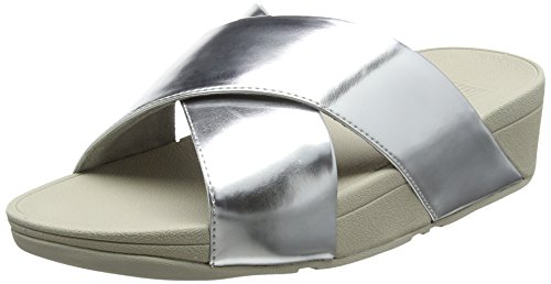 FitFlop Lulu Cross Slide, Sandalias con Punta Abierta Mujer, Plateado (Silver Mirror 300), 39 EU