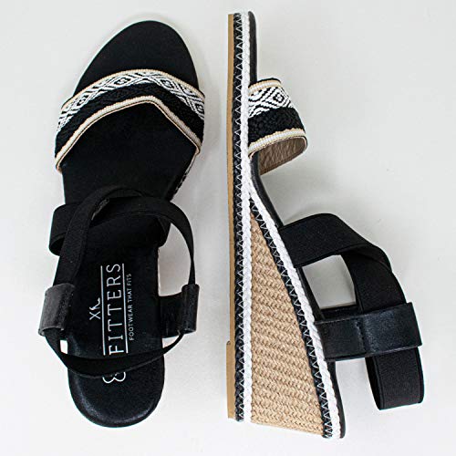 Fitters Footwear That Fits Sandalias para mujer Lika, sintéticas, con cuña de rafia y banda textil, tallas grandes (UE), color Negro, talla 43 EU