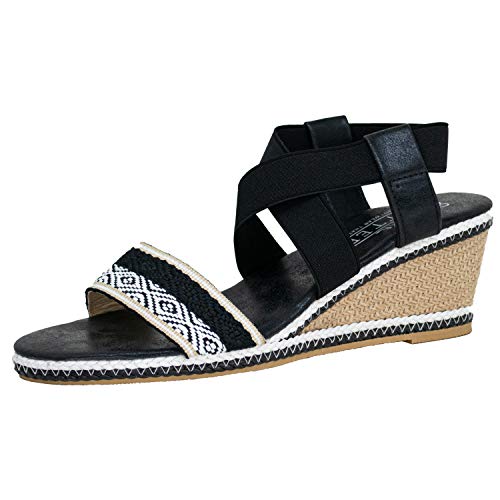 Fitters Footwear That Fits Sandalias para mujer Lika, sintéticas, con cuña de rafia y banda textil, tallas grandes (UE), color Negro, talla 43 EU