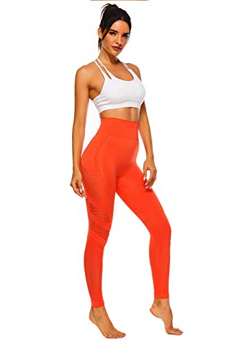 FITTOO Leggings Sin Costuras Corte de Malla Mujer Pantalon Deportivo Alta Cintura Yoga Elásticos Fitness Seamless #1 Naranja M