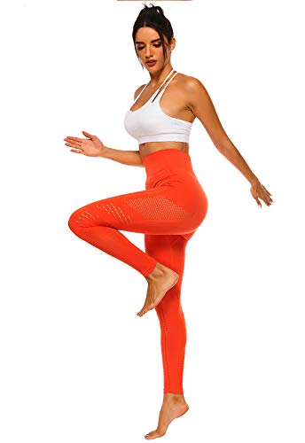 FITTOO Leggings Sin Costuras Corte de Malla Mujer Pantalon Deportivo Alta Cintura Yoga Elásticos Fitness Seamless #1 Naranja M