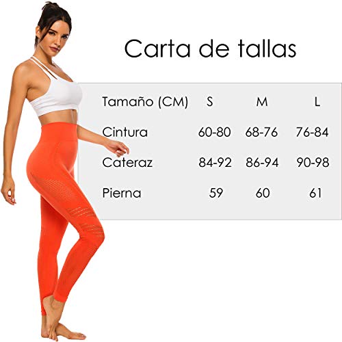 FITTOO Leggings Sin Costuras Corte de Malla Mujer Pantalon Deportivo Alta Cintura Yoga Elásticos Fitness Seamless #1 Naranja M