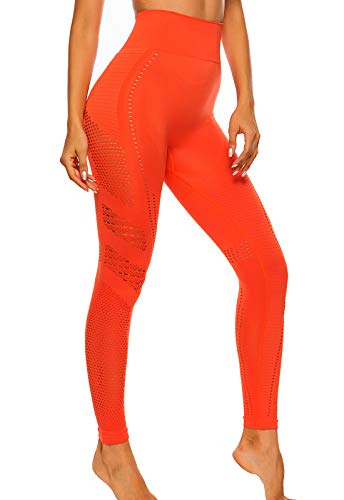 FITTOO Leggings Sin Costuras Corte de Malla Mujer Pantalon Deportivo Alta Cintura Yoga Elásticos Fitness Seamless #1 Naranja M