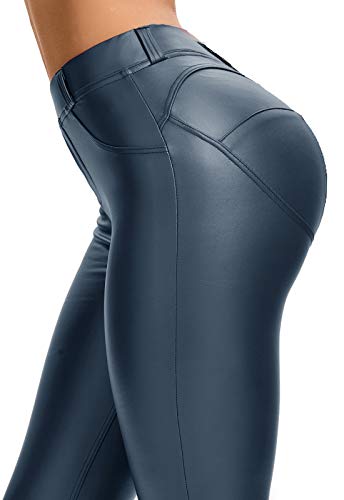 FITTOO PU Leggings Cuero Imitación Pantalón Elásticos Cintura Alta Push Up para Mujer #1 Bolsillo Falso Poca Terciopelo Azul M