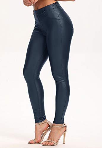 FITTOO PU Leggings Cuero Imitación Pantalón Elásticos Cintura Alta Push Up para Mujer #1 Bolsillo Falso Poca Terciopelo Azul M