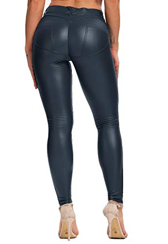 FITTOO PU Leggings Cuero Imitación Pantalón Elásticos Cintura Alta Push Up para Mujer #1 Bolsillo Falso Poca Terciopelo Azul M
