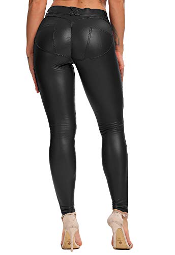 FITTOO PU Leggings Cuero Imitación Pantalón Elásticos Cintura Alta Push Up para Mujer #1 Bolsillo Falso Poca Terciopelo Negro M