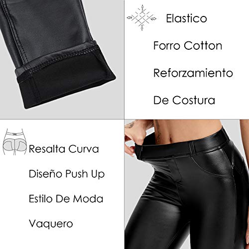 FITTOO PU Leggings Cuero Imitación Pantalón Elásticos Cintura Alta Push Up para Mujer #1 Bolsillo Falso Poca Terciopelo Negro M