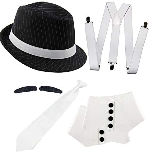 Foxxeo 35021 | Deluxe Gangster Set | Trouser Suspenders, Tie, Hat – Gaiters – Beard