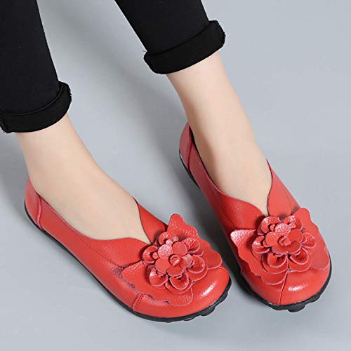 Gaatpot Mujer Mocasines de Cuero Vintage Flores Loafers Casual Respirable de Deslizamiento Zapatos de Conducción Zapatillas Rojo 41.5 EU = 43 CN