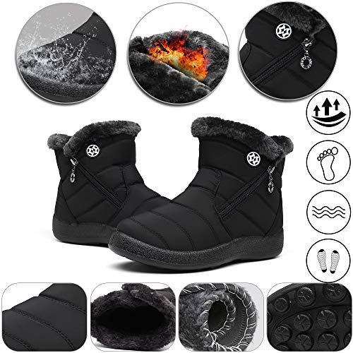 Gaatpot Zapatos Invierno Mujer Botas de Nieve Forradas Zapatillas Botines Planas Con Cremallera Negro 37 EU
