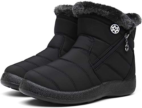 Gaatpot Zapatos Invierno Mujer Botas de Nieve Forradas Zapatillas Botines Planas Con Cremallera Negro 37 EU