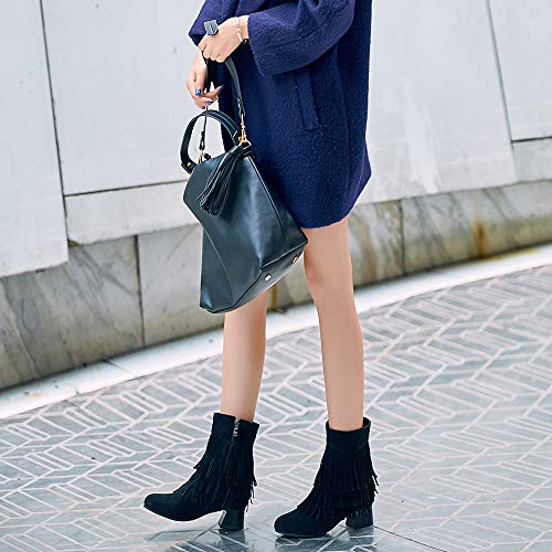 Garggi Flecos Botines Clásica Mujer Tacón Ancho Invierno Boots Cremallera Otoño Mujer Tacón Medio Boots Vintage Tassles Botas Media Pierna Negro Talla 39 Asiática