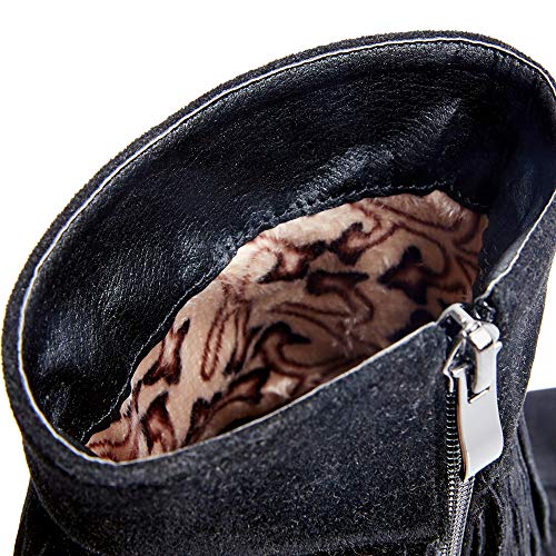 Garggi Flecos Botines Clásica Mujer Tacón Ancho Invierno Boots Cremallera Otoño Mujer Tacón Medio Boots Vintage Tassles Botas Media Pierna Negro Talla 39 Asiática